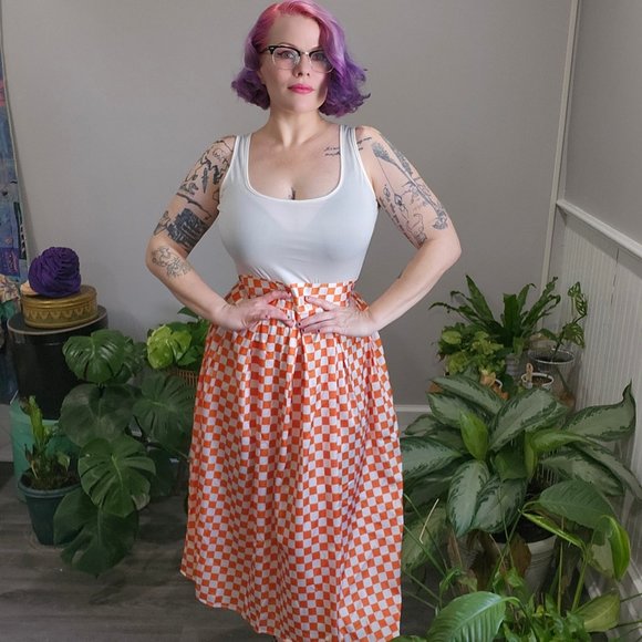 Vintage 1990's Orange & White Check Maxi Dress - Picture 1 of 9